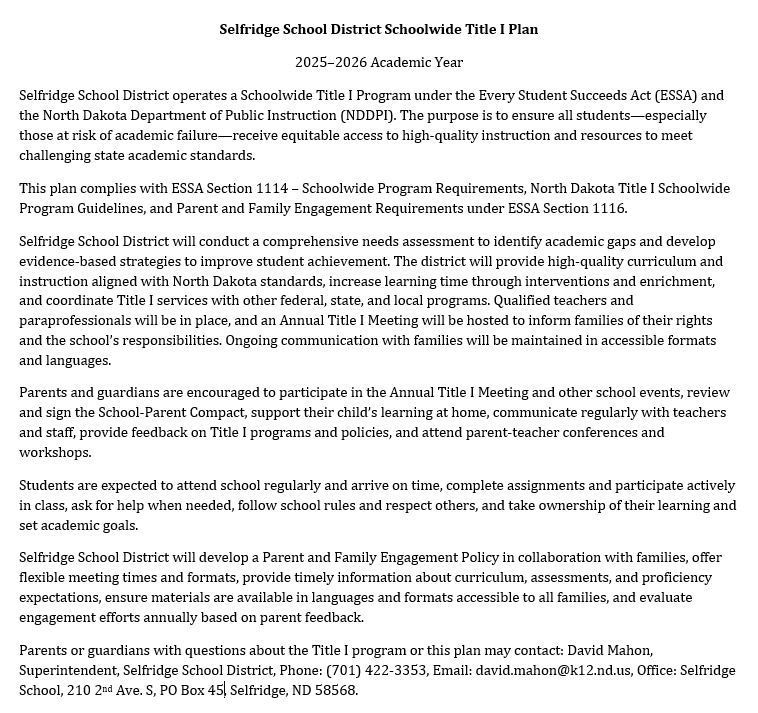 2025-26 Selfridge School Title I plan