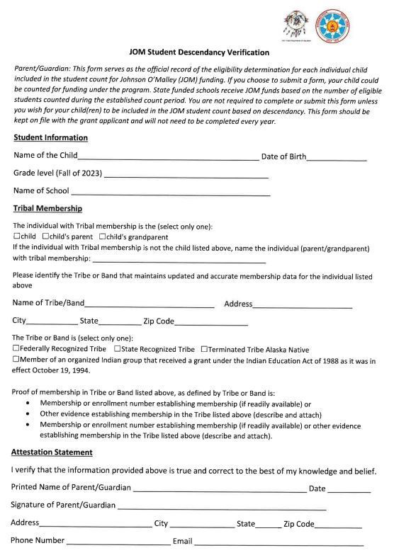 2025-2026 JOM Student Descendancy Verification form