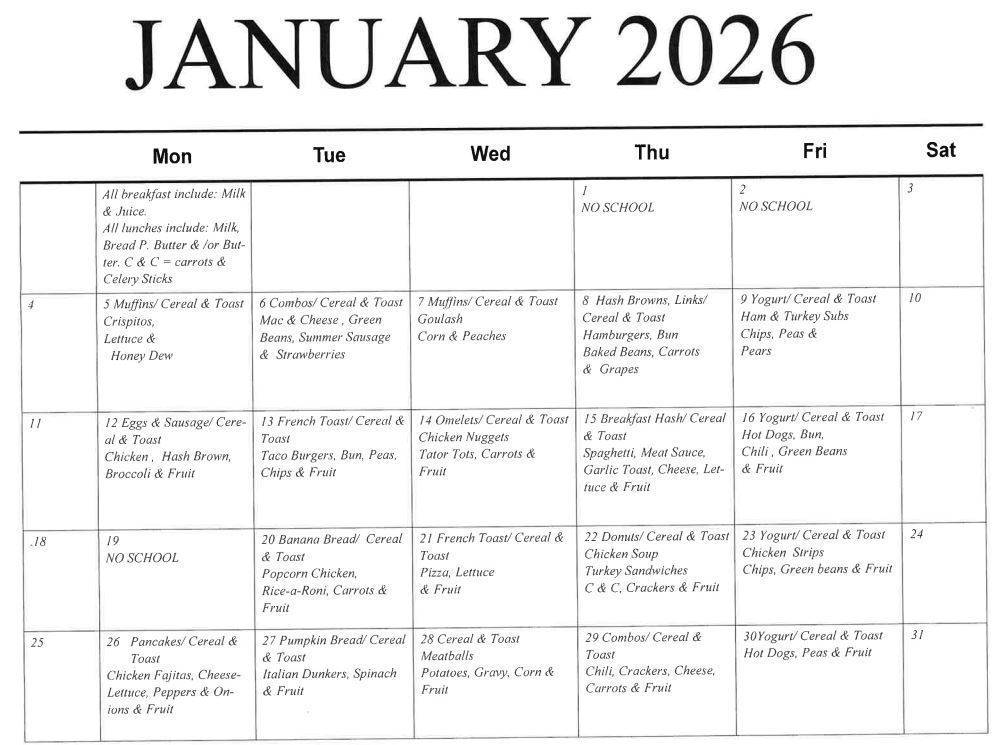 January 2026 Meal Menu