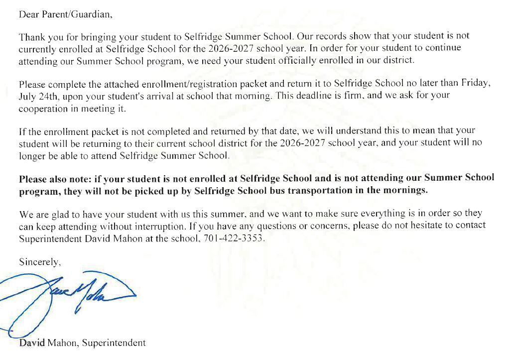 "Please read the letter below regarding Summer School and enrollment of your student."