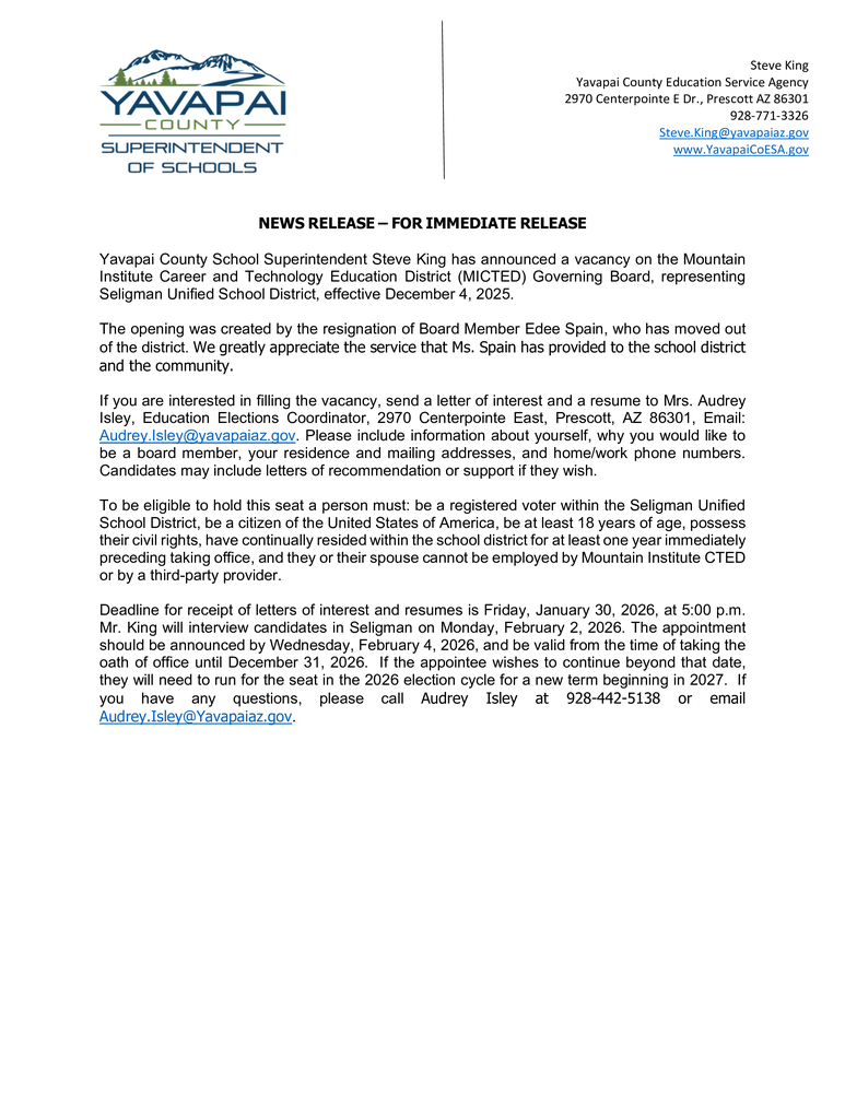 Mountain Institute Career and Technology Education District (MICTED) Governing Board Vacancy