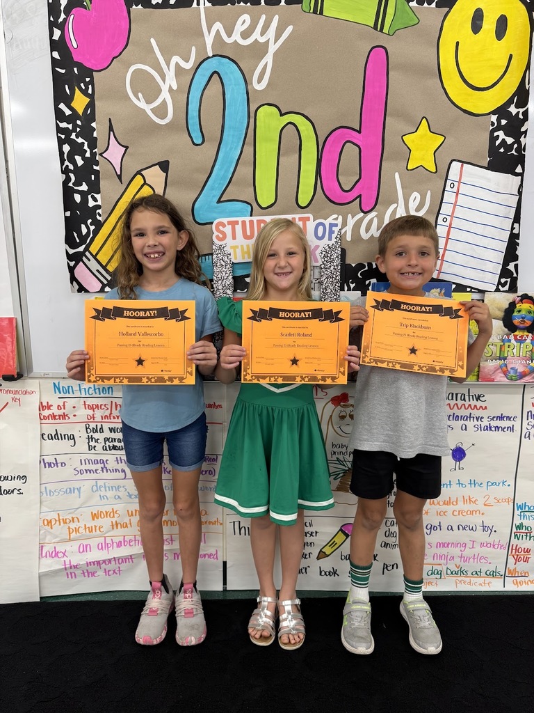 "Shoutout to Holland, Scarlett, and Trip! These amazing students in Mrs. Beth Whitaker’s 2nd grade ELA class have completed and passed 25 i-Ready Reading lessons! Keep up the great work—your dedication is paying off! "