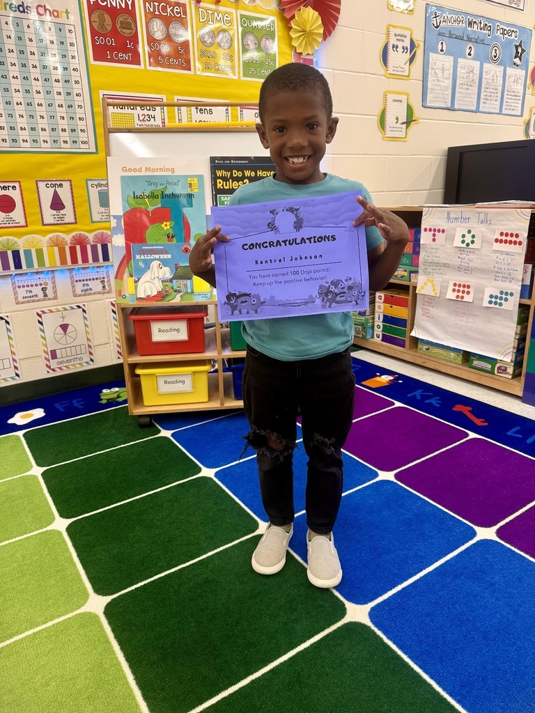 Miss Jodi and Miss Conley would like to give a “SHOUTOUT” to Kentrel Johnson for earning 100 Dojo points. Way to go! 
