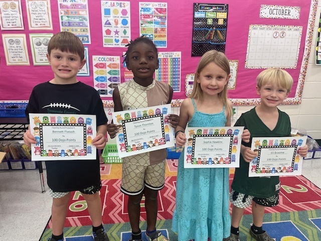 Miss Lizzy and Miss Katrina would like to shout out to Bennett Fiveash, Tyson Thornton, Sophie Hawkins, and Eli Broome for making it to 100 Dojo Points