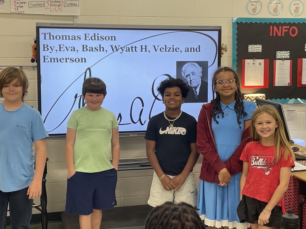 Mrs. Croom would like to give a "Shout Out" to Wyatt, Sebastian, Eva, Velzie, and Emerson for their remarkable presentation! These students did an outstanding job on their research projects and presentations about inventors at the Turn of the Century. Way to go!