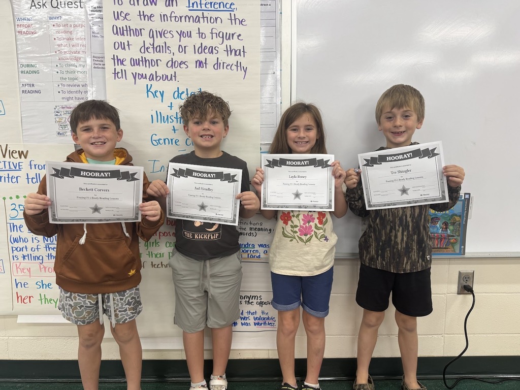 "📘✨ i-Ready Reading Achievers! ✨📘  A big congratulations to the students in Mrs. Whitaker’s ELA class for passing 25 lessons in i-Ready Reading! 🎉  Your hard work!  Beckett Corvers, Jud Hendley, Layla Roney and Tre Shingler"