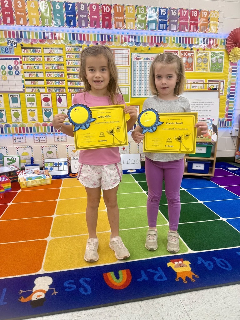 Miss Jodi Harper and Miss Jalee’ Conley would like to give a “SHOUTOUT” to Wiley Miller and Emerie Harrell for completing 25 i-Ready Math lessons. Way to go, girls! 