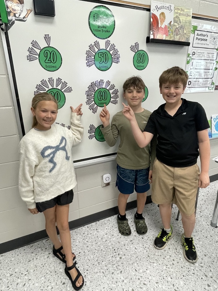 Mrs. Croom is super excited to give a "Shout Out" to Eva Scott, Raige Brock, and JP Ingram for completing 60 iReady lessons in Reading. Way to go guys! Keep up the hard work!