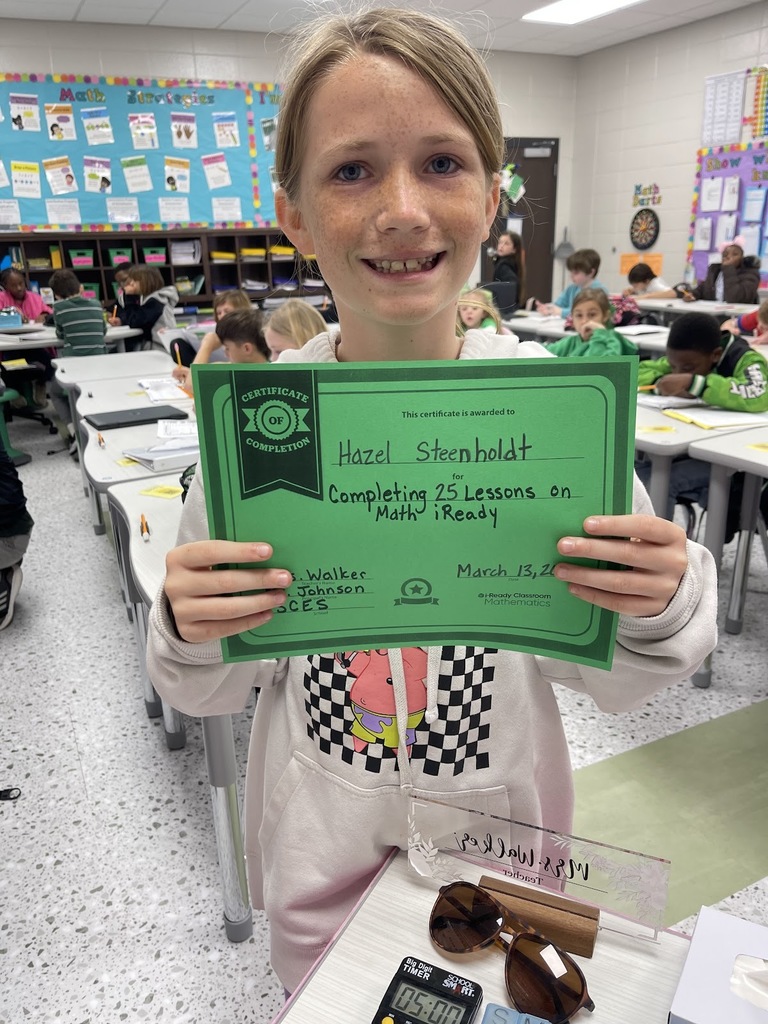 Mrs. Walker would like to give a shoutout to Hazel Steenholdt for completing 25 iReady lessons in math. Great Job!