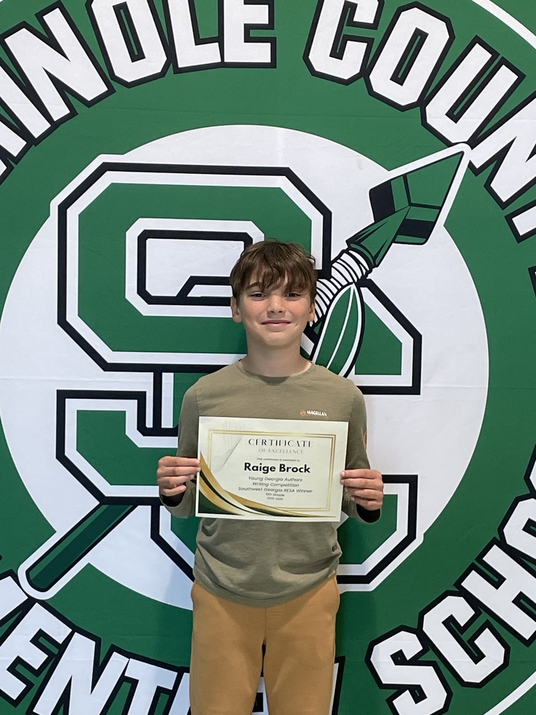 Mrs. Christy Croom would like to "Shout Out" congratulations to Raige Brock for placing 1st for fifth grade at RESA—competing against students from 13 surrounding counties in Southwest Georgia—for his entry in the Young Georgia Authors Writing Competition!  The purpose of the Young Georgia Authors (YGA) Writing Competition is to encourage students to develop enthusiasm for and expertise in writing, provide opportunities to celebrate their successes, and recognize outstanding achievement in both the arts and academics.  We are so proud of your hard work and accomplishment, Raige! Keep shining! ✨