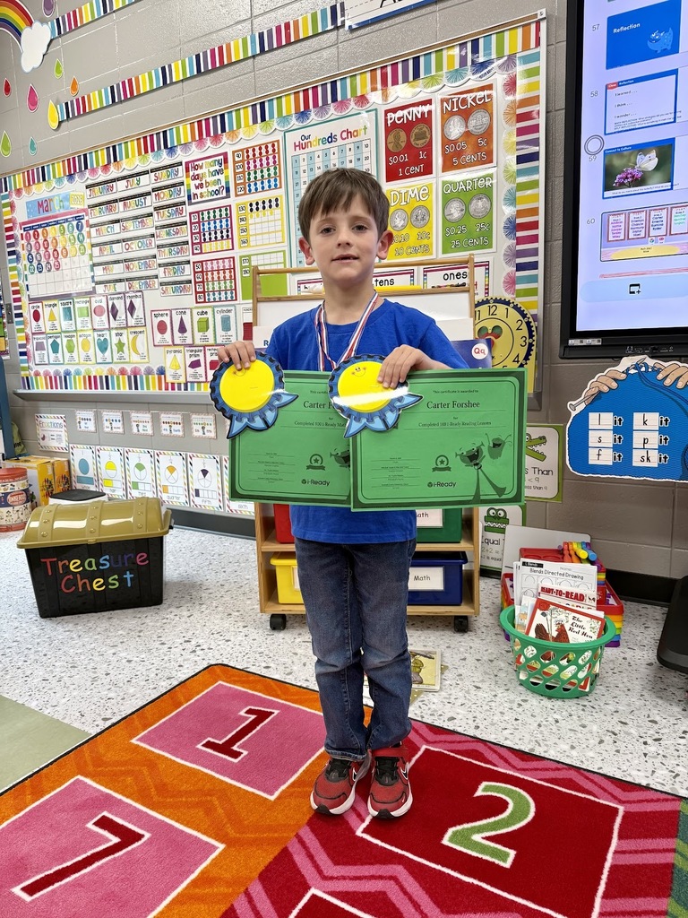Miss Jodi Harper and Miss Jalee’ Conley would like to give a big “SHOUTOUT” to Carter Forshee. He has completed 100 i-Ready Reading and Math lessons. We are so proud of him. 