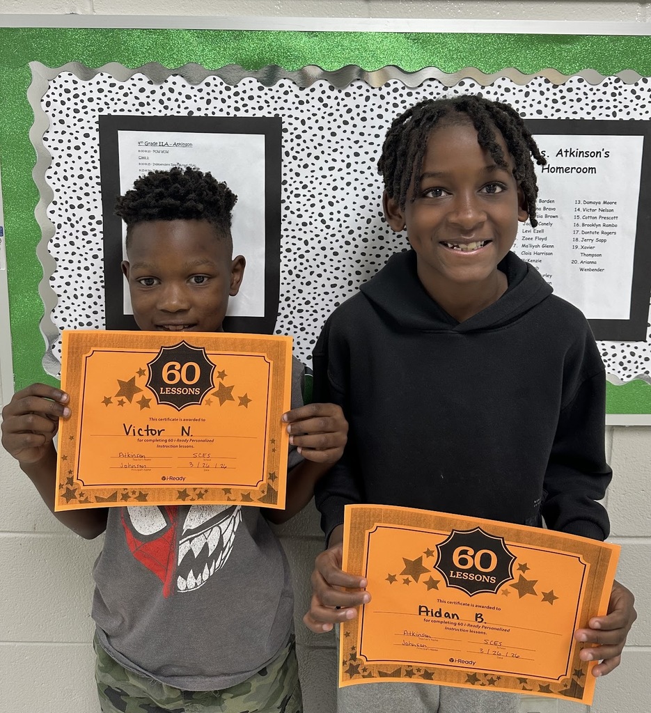 Mrs.Atkinson would like to give a SHOUT OUT to Victor Nelson and Aidan Borden for completing 60 iReady lessons. Great job!
