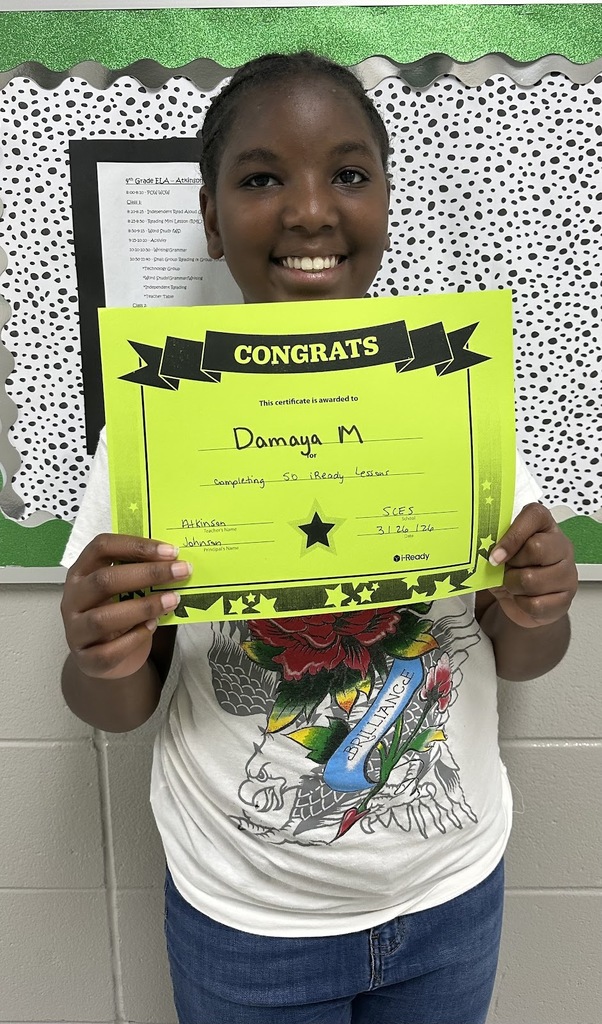 Mrs.Atkinson would like to give a SHOUT OUT to Damaya Moore for completing 50 iReady lessons. Great job!