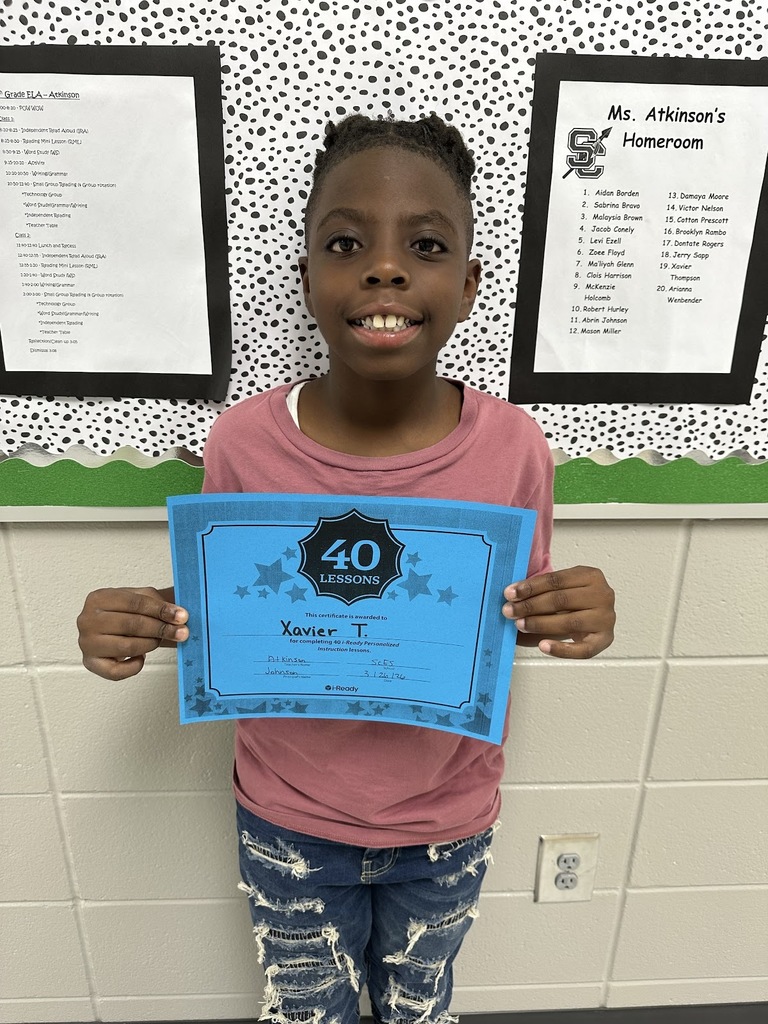 Mrs.Atkinson would like to give a SHOUT OUT to Xavier Thompson for competing 40 iReady lessons. Great job!