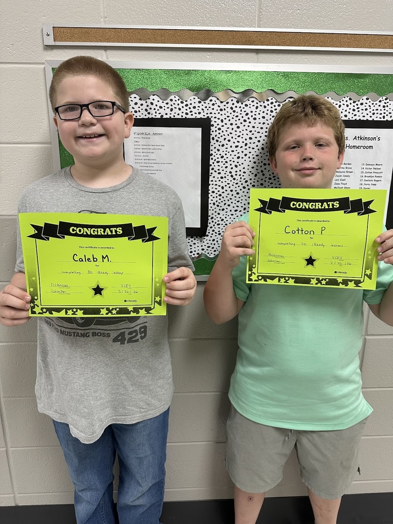 Mrs.Atkinson wants to give a SHOUT OUT to Caleb Moulton and Cotton Prescott for completing 30 iReady lessons. Great job!