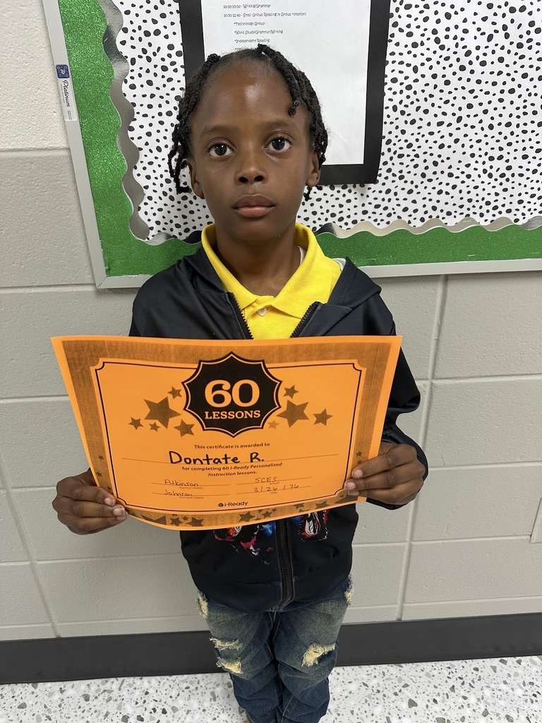 Mrs. Atkinson would like to give a SHOUT OUT to Dontate Rogers for completing 60 iReady lessons. Great job!