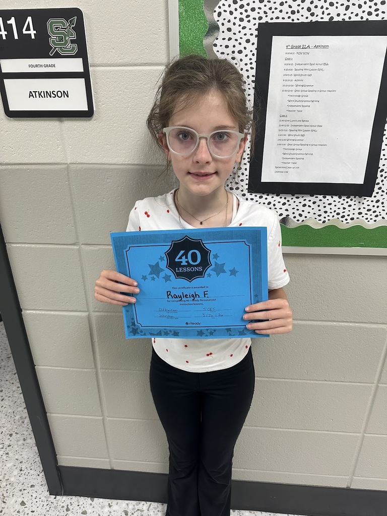 Mrs.Atkinson would like to give a SHOUT OUT to Rayleigh Forshee for completing 40 iReady lessons. Great job!