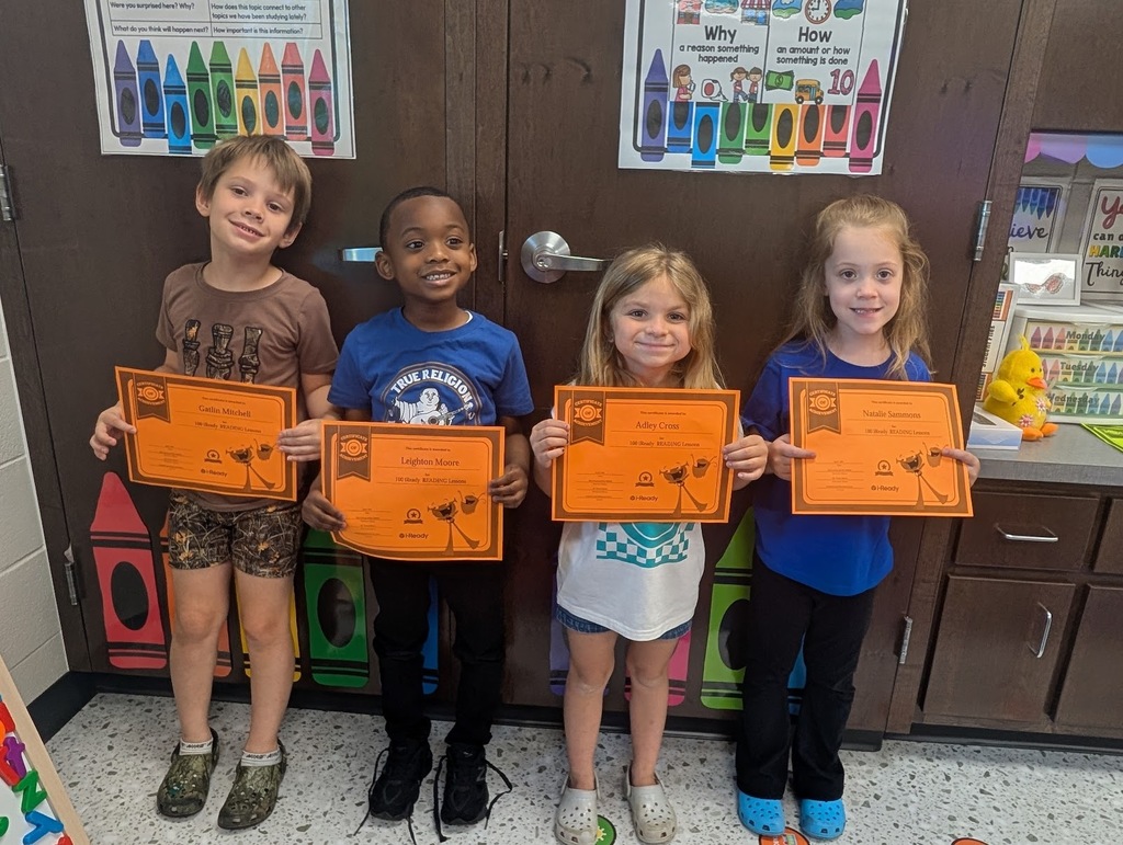 Ms. Armoray and Mrs. Michelle would like to give a shout out to Natalie Sammons, Adley Cross, Leighton Moore, and Gatlin Mitchell for completing 100 Iready Reading lessons. Also, Hudson Atkinson (not pictured) for completing 100 reading AND math lessons! 