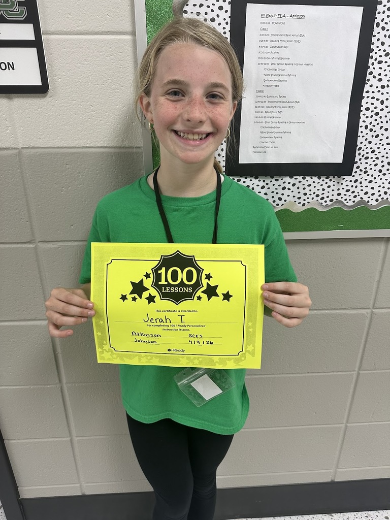 Mrs. Atkinson would like to give a SHOUT OUT to Jerah Thompson for completing 100 iReady lessons. AWESOME!!!