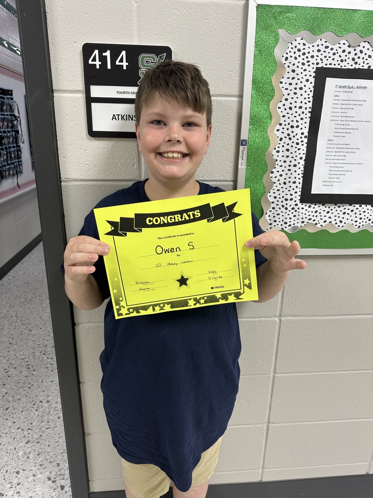 Mrs.Atkinson would like to give a SHOUT OUT to Owen Smith for completing 20 iReady lesson. Nice job!