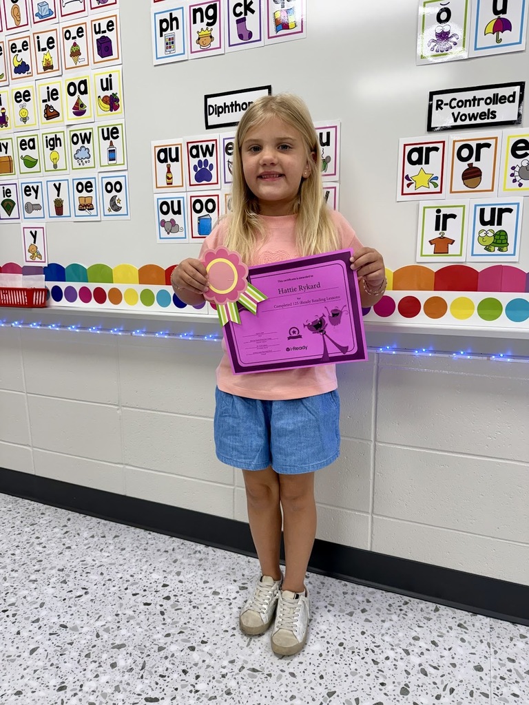 Miss Jodi Harper and Miss Jalee’ Conley would like to give a “SHOUT OUT” to Hattie Rykard for completing 125 iReady Reading lessons.  Awesome job, Hattie! 