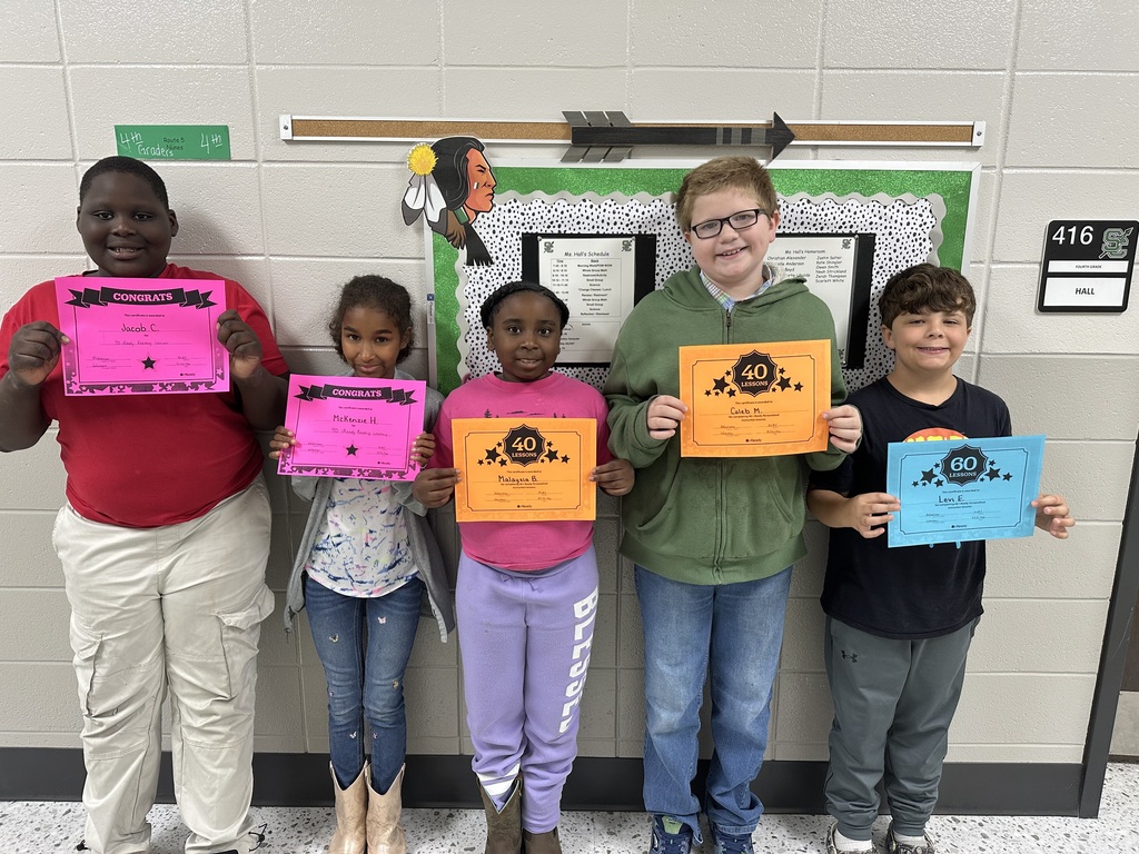 Jacob Conley and Mackenzie Holcomb has completed 90 iReady Reading lessons, Malaysia Brown and Caleb Moulton have completed  40 iReady reading lessons, and Levi Ezell has completed 60 iReady Reading lessons.