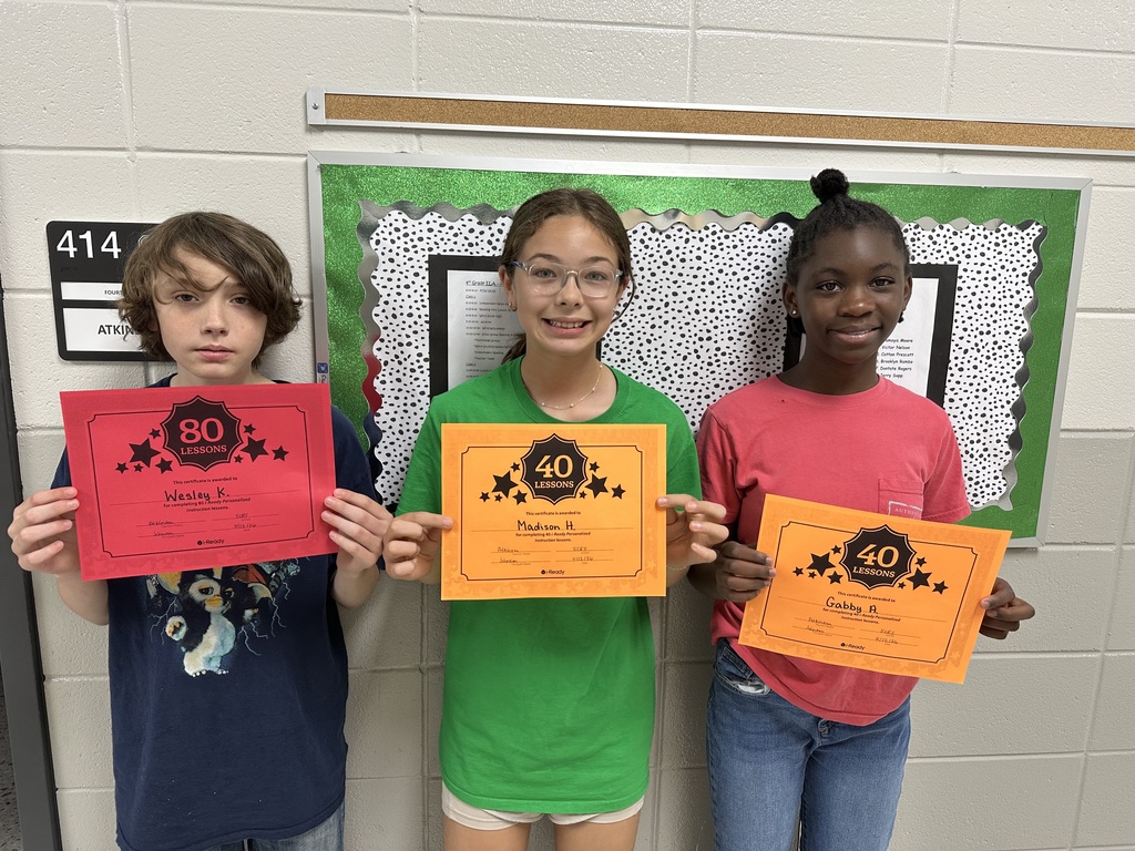 Wesley Kirksey has completed 80 iReady reading lessons, Madison Helms and Gabby Anderson have  completed 40 iReady Reading lessons.