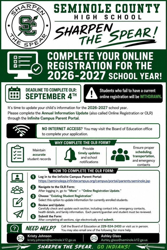 Online Registration must be completed by September 4th for every student.