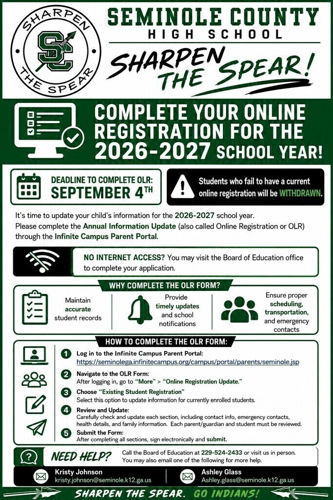 Online Registration must be completed by September 4th for every student.