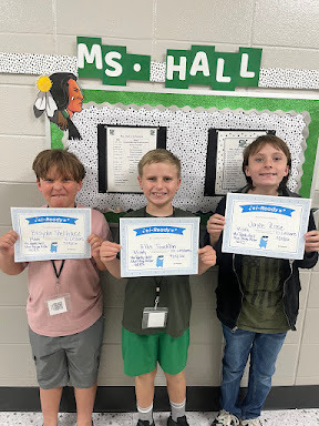 Congratulations to Brayden Shellhouse, Ellis Touchton, and Jayce Rose for passing 10 I Ready Math Lessons. Ms. Hall is so proud of you!