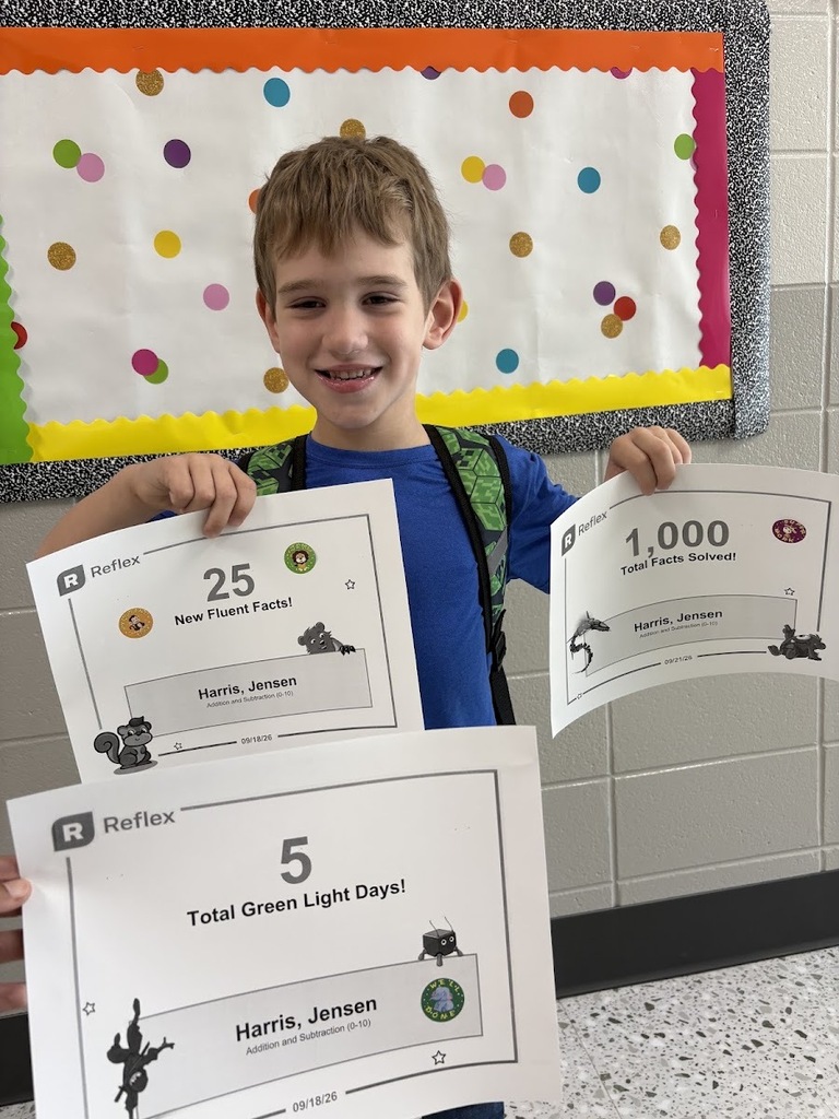 "Shout out to Jensen Harris for 3 big accomplishments on Reflex! 1,000 solved facts, 5 green lights, and 25 new fluent facts! Ms. Keyla is so proud of you! "