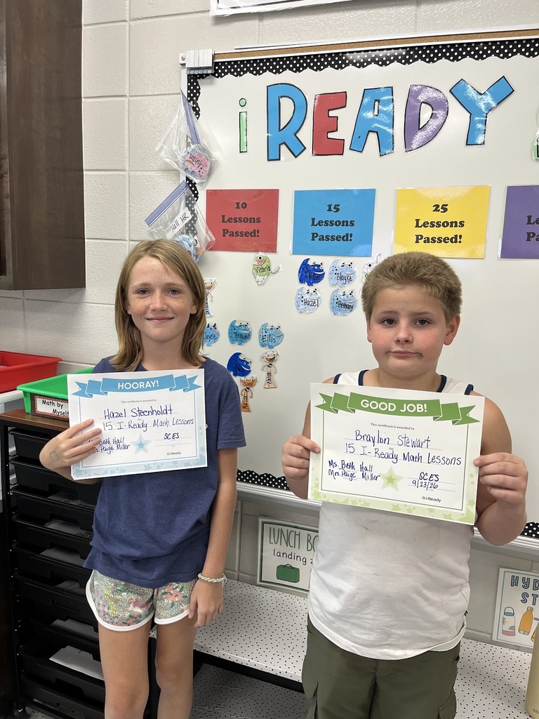Ms. Hall is so proud of Hazel Steenholdt and Braylon Stewart for p[assing 15 I Ready Math Lessons. Awesome Job! 