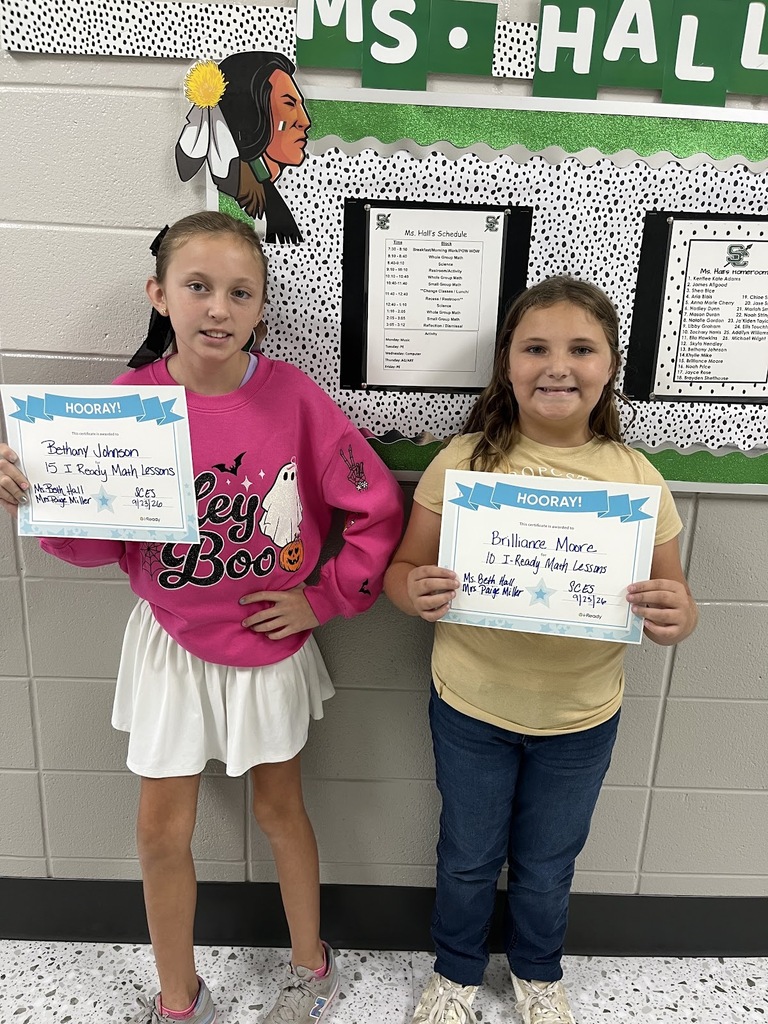 Ms, Hall would like to give a shout out to Bethany Johnson for passing 15 I Ready Math Lessons and to Brilliance Moore for passing 10 I Ready Math Lessons! Way to go girls!