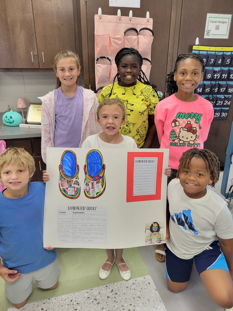 Ms. Hodges' 4th grade ELA classes have been learning about characters over the past few weeks. The students worked in groups to complete a cumulative project, "Croc Characters." Each group chose a book, read it together, focused on the main character of the book, and the interactions of the character. They worked together to write a summary of the book. Then the students drew pictures for "croc charms." The charms represented the character. They all did an amazing job on their projects!!