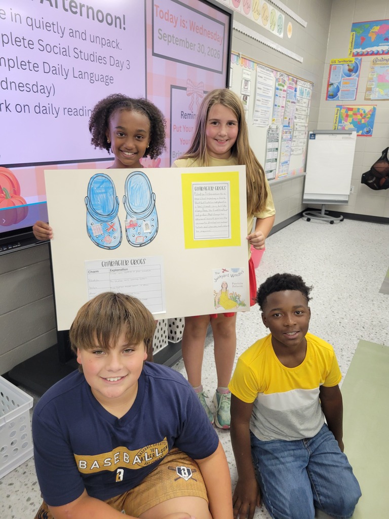 Ms. Hodges' 4th grade ELA classes have been learning about characters over the past few weeks. The students worked in groups to complete a cumulative project, "Croc Characters." Each group chose a book, read it together, focused on the main character of the book, and the interactions of the character. They worked together to write a summary of the book. Then the students drew pictures for "croc charms." The charms represented the character. They all did an amazing job on their projects!!