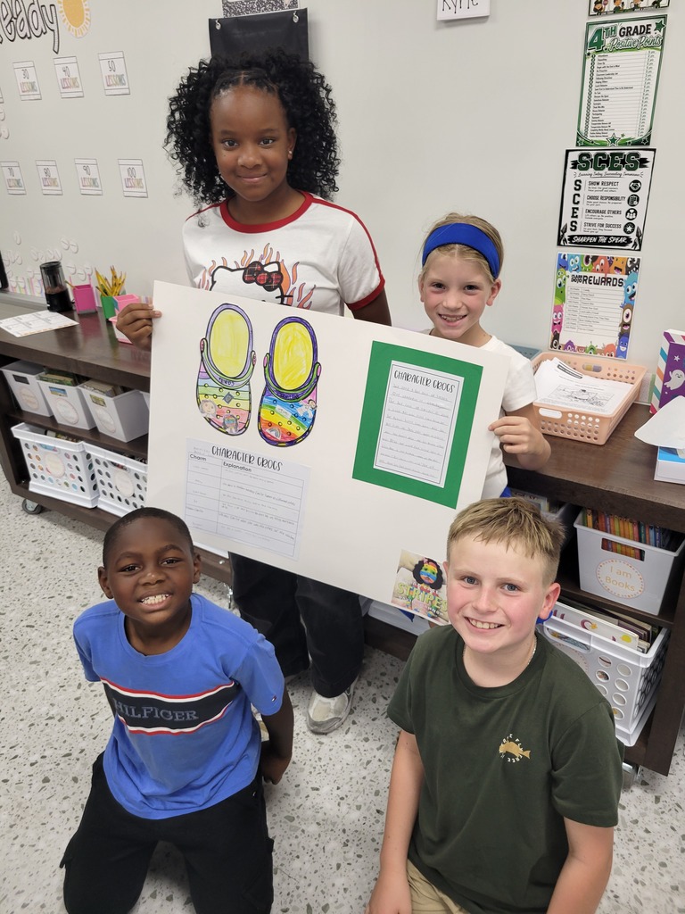 Ms. Hodges' 4th grade ELA classes have been learning about characters over the past few weeks. The students worked in groups to complete a cumulative project, "Croc Characters." Each group chose a book, read it together, focused on the main character of the book, and the interactions of the character. They worked together to write a summary of the book. Then the students drew pictures for "croc charms." The charms represented the character. They all did an amazing job on their projects!!