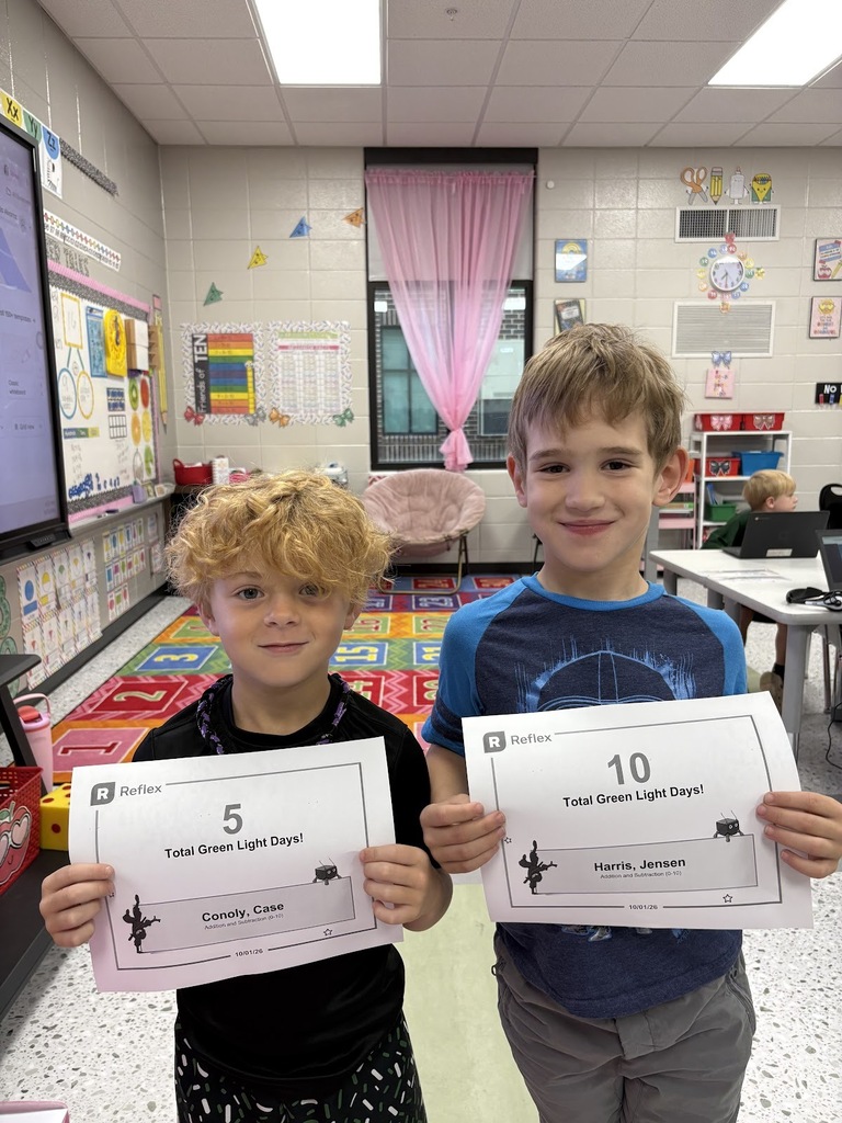 "Great job Case and Jensen on earning green lights on reflex!   Students earn green lights after correctly answering a specific number of math facts! "
