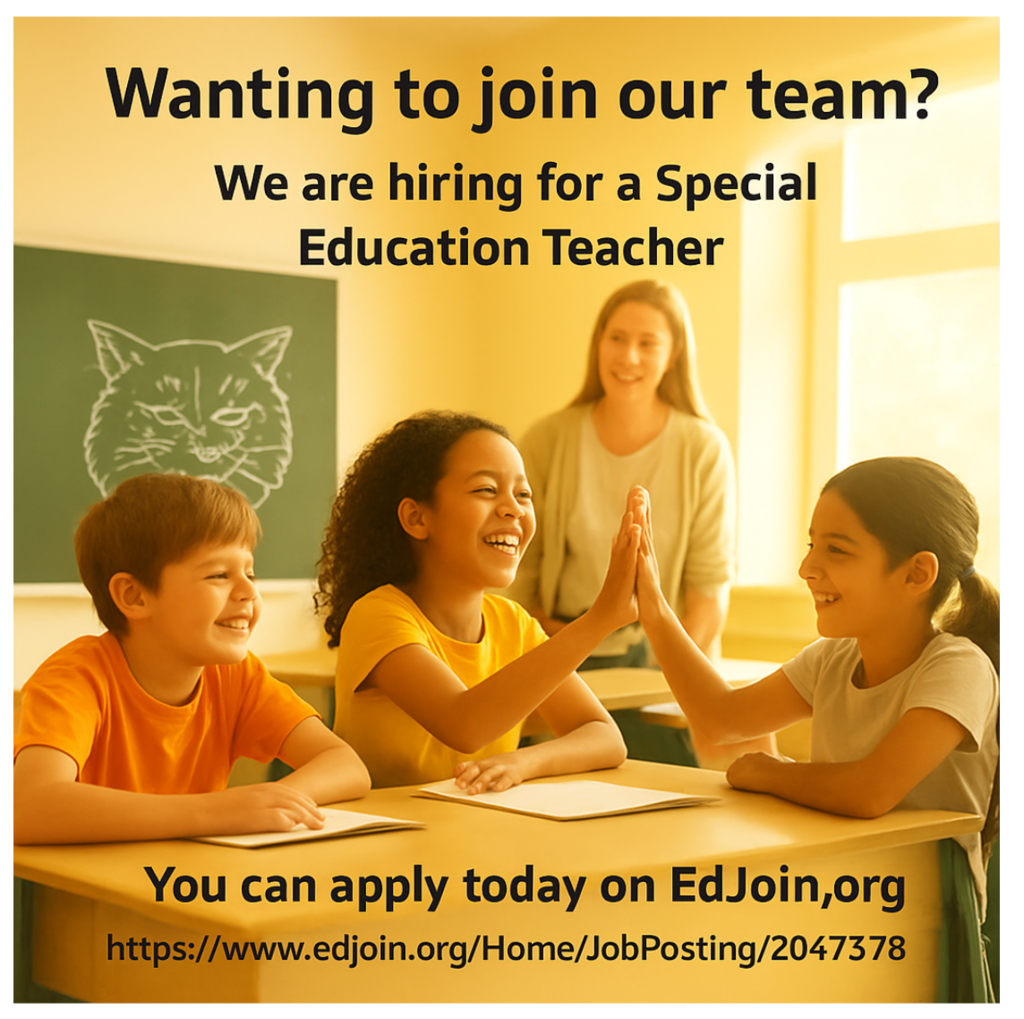 Want to join our team? We are hiring for a Special Education Teacher. You can apply today on EdJoin.org https://www.edjoin.org/Home/JobPosting/2047378