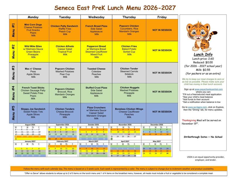PreK Lunch Cycle Menu