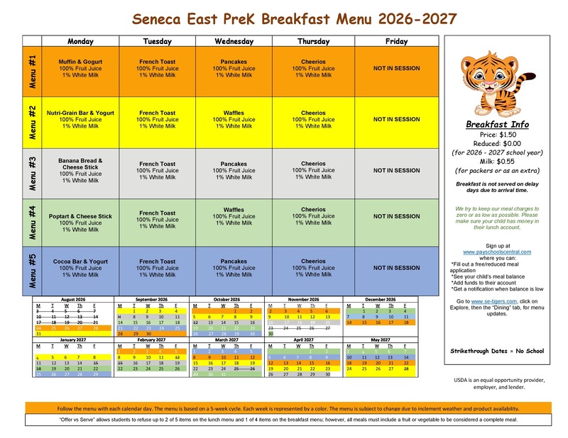 PreK Breakfast Cycle Menu