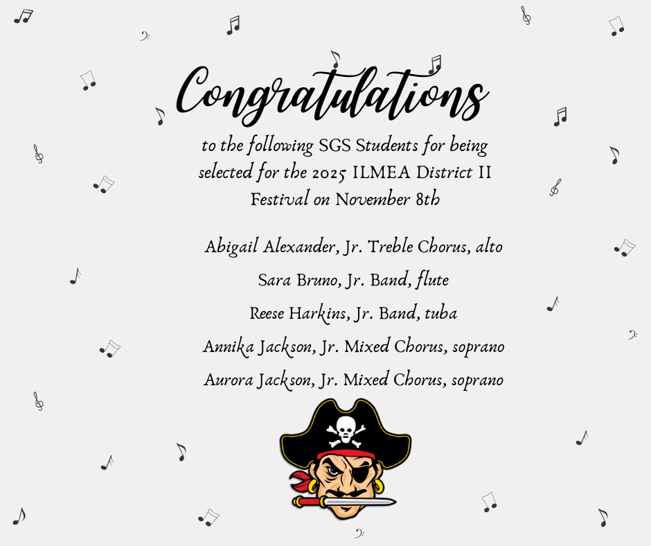 Congratulations to the following students for being selected for 2025 ILMEA District 2 Music Festival on November 8th! Abigail Alexander, Jr. Treble Chorus; Sara Bruno, Jr. Band; Reese Harkins, Jr. Band; Annika Jackson, Jr. Mixed Chorus; and Aurora Jackson, Jr. Mixed Chorus.