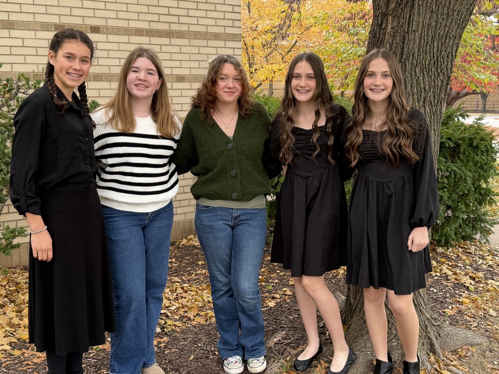 From left to right: Sara Bruno, 7th Grade (Jr. Band, flute), Reese Harkins, 8th Grade (Jr. Band, tuba), Abigail Alexander, 8th Grade (Jr Treble  Chorus, alto), Annika Jackson, 8th grade (Jr. Mixed Chorus, soprano), Aurora Jackson, 8th grade (Jr. Mixed Chorus, soprano)