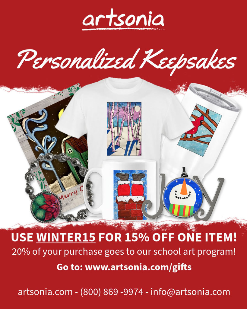 Photo of gift items available on the Artsonia giftshop includes 15% off code and additional contact information for Artsonia.