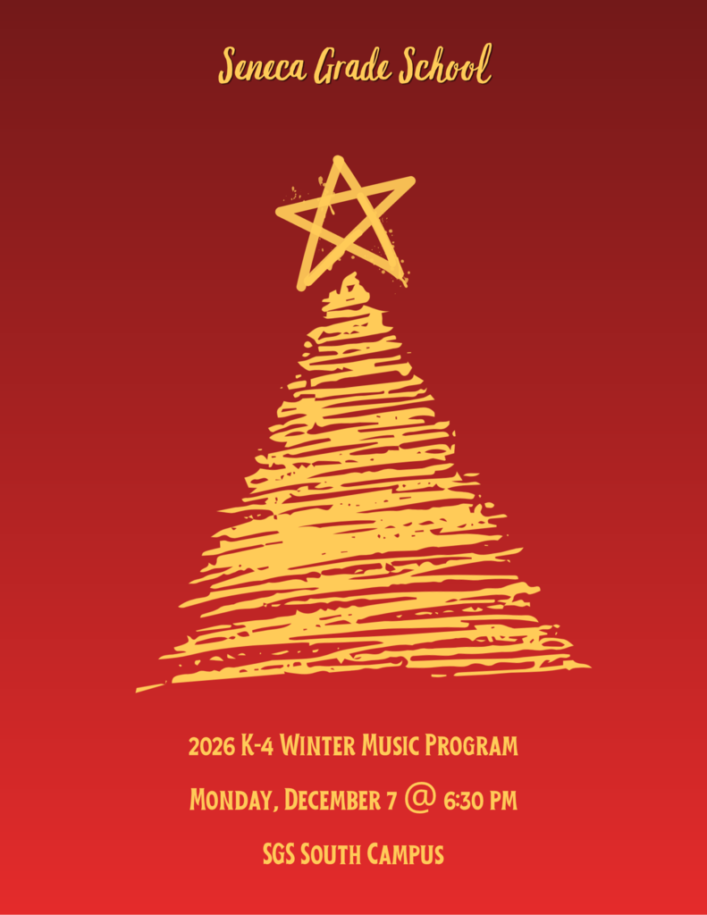 Flyer for 2026 SGS K-4 Winter Music Program held on Monday, December 7th at 6:30 pm