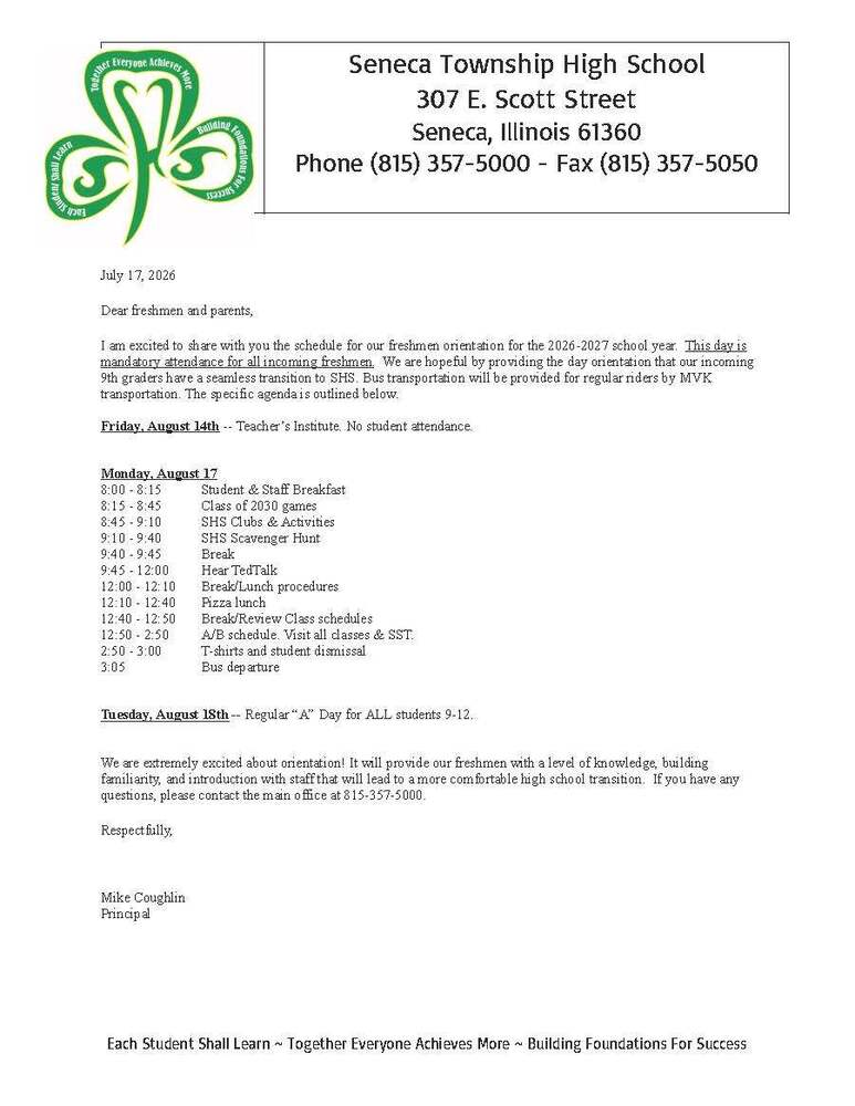 Check out the agenda for Freshmen Orientation on Monday, August 17th.
