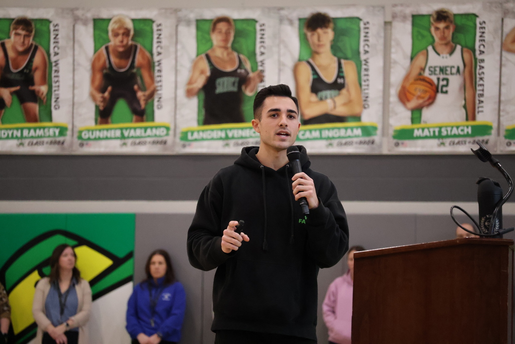 Seneca High School and RISE welcomed Caden Vittorini to speak to the SHS student body during SST on Tuesday.