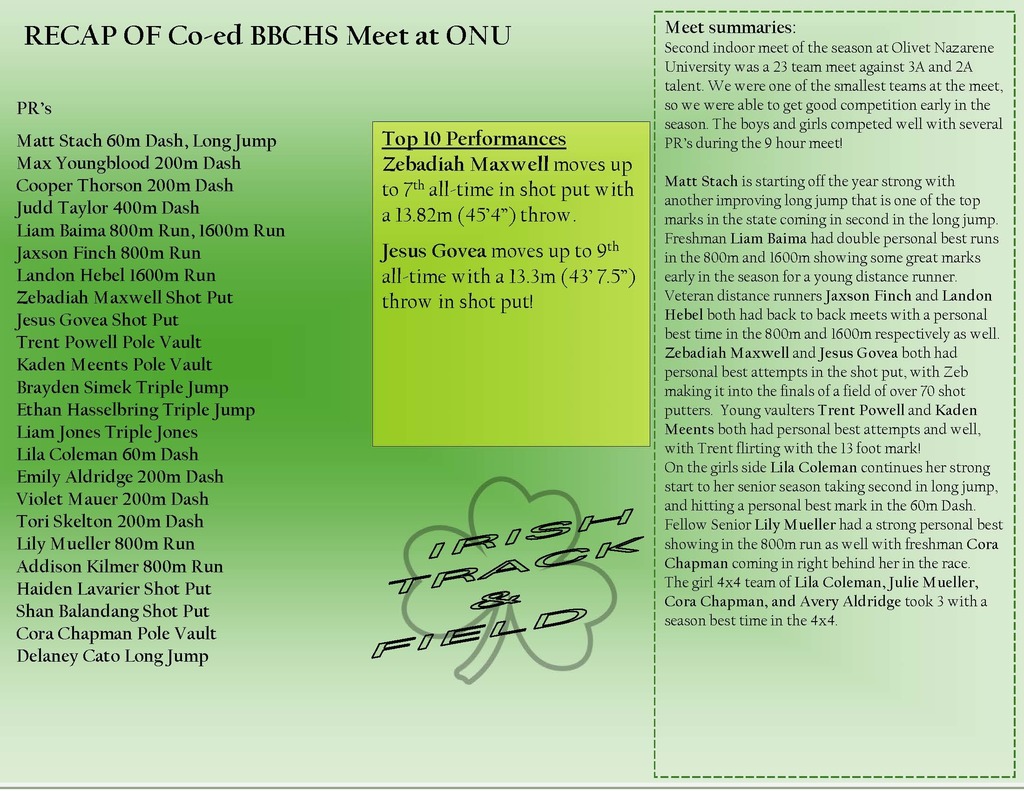 The Fighting Irish Track & Field Team continued their indoor season at Olivet Nazarene University in Bourbonnais on Saturday.