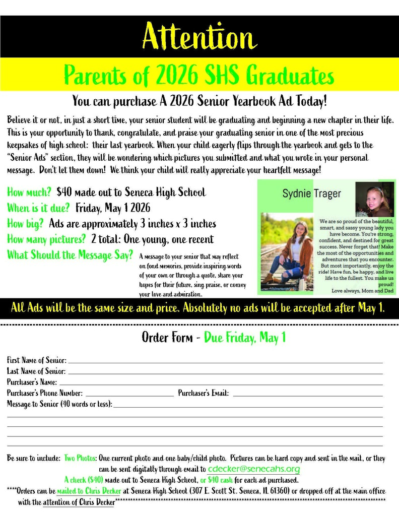 Purchase a Class of 2026 Yearbook Ad by Friday, May 1st, 2026.