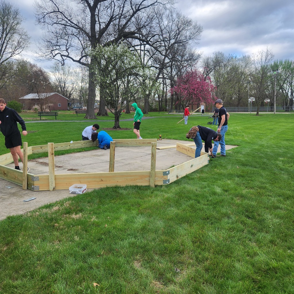 Mr. Witte's Vocational Math class installed a Gaga Pit for the Seneca Park District at Crotty Park on Monday morning. 