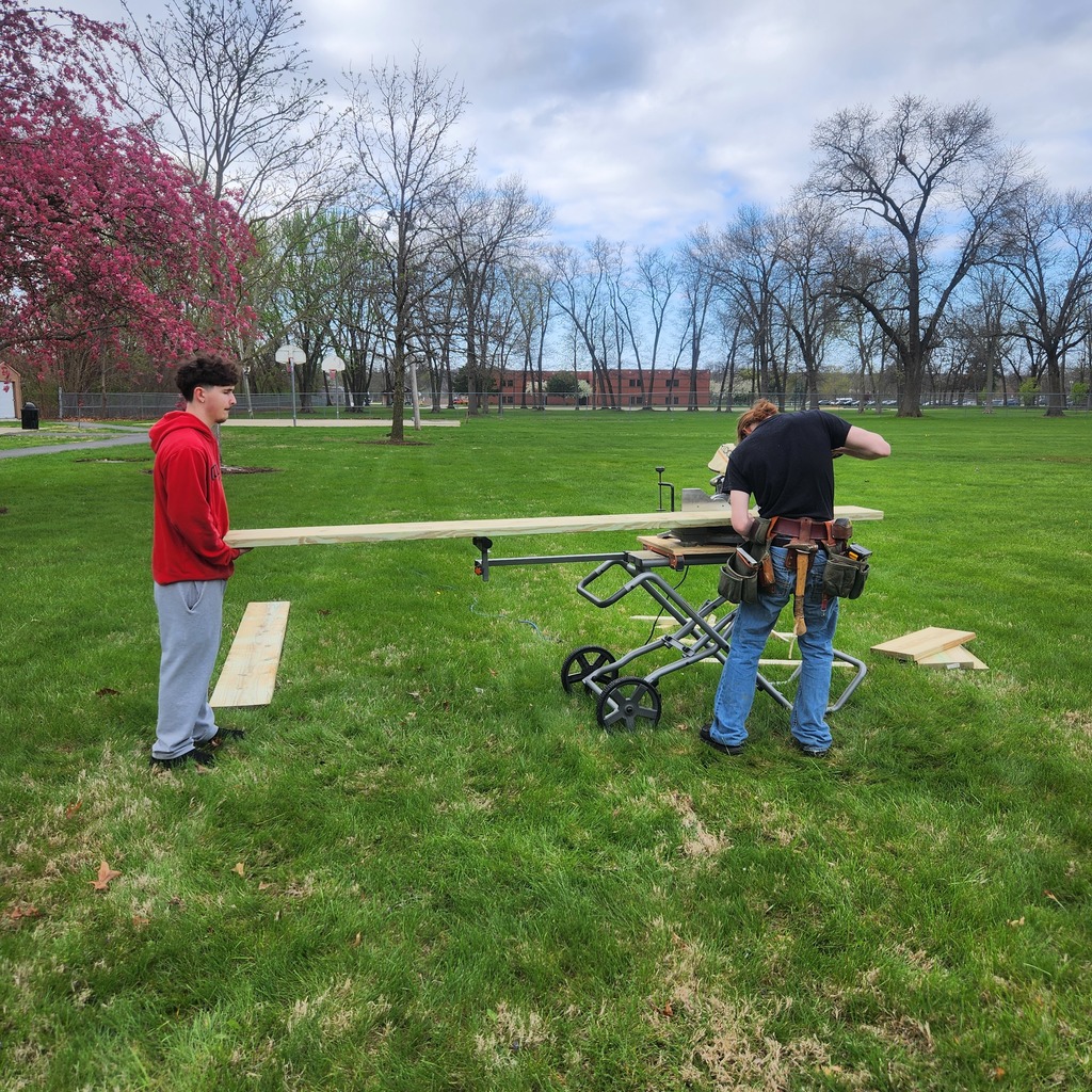 Mr. Witte's Vocational Math class installed a Gaga Pit for the Seneca Park District at Crotty Park on Monday morning. 